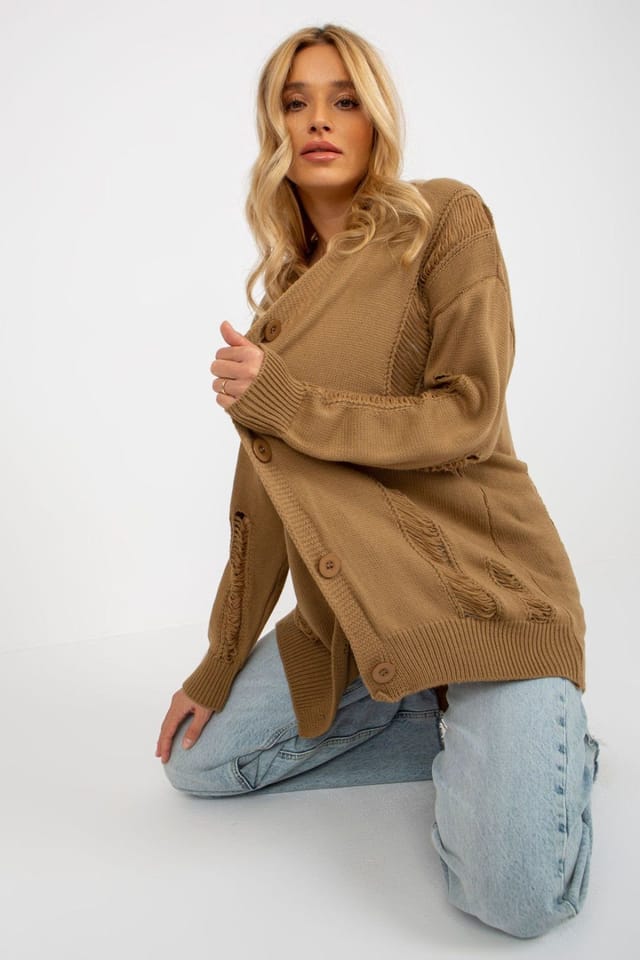 Love Lace Love Lace Women's Heart Neck Button Down Cardigan Sweater Style 175747 in Brown - 2