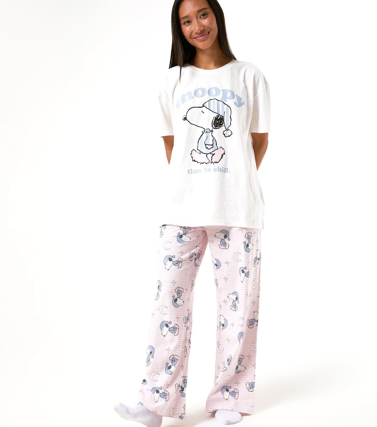 Skinnydip Women's White Cotton Snoopy Print T-Shirt and Trousers Pyjama Set With Eye Mask Skinnydip New Look