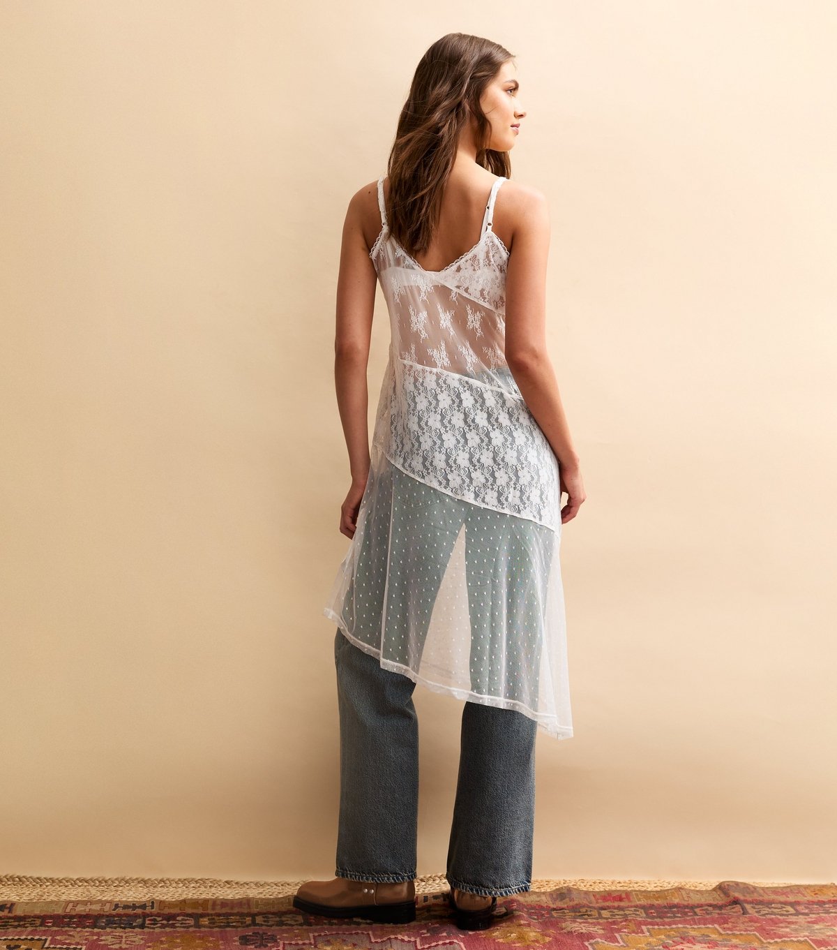 New Look Women's White Sheer Mixed Lace Asymmetric Panel Cami Top New Look - 4