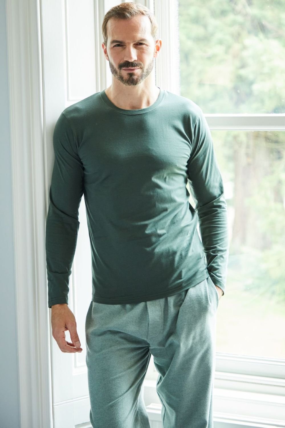 British Boxers British Boxers Men's "Deep Forest" Cotton Jersey Long Sleeve Top in Dark Green - 3