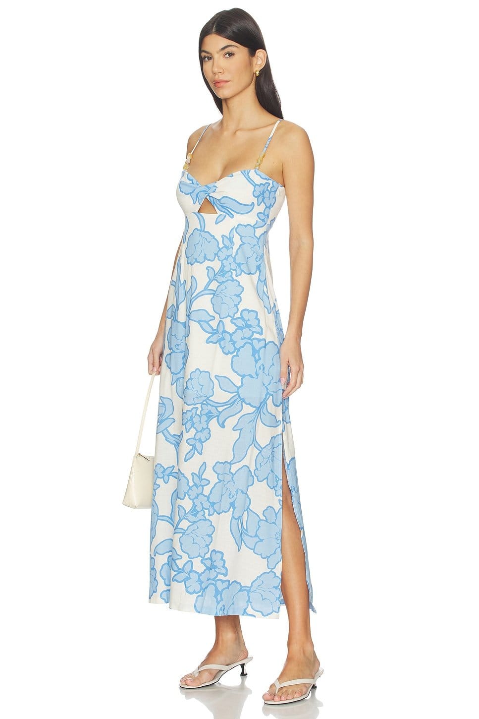 Revolve Blue & Cream Floral Twist Front Midi Dress