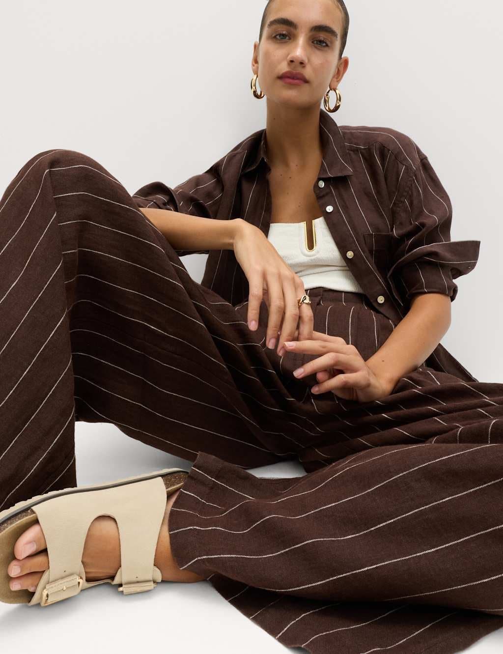 Marks & Spencer M&S Brown Mix Linen Wide Leg Trousers