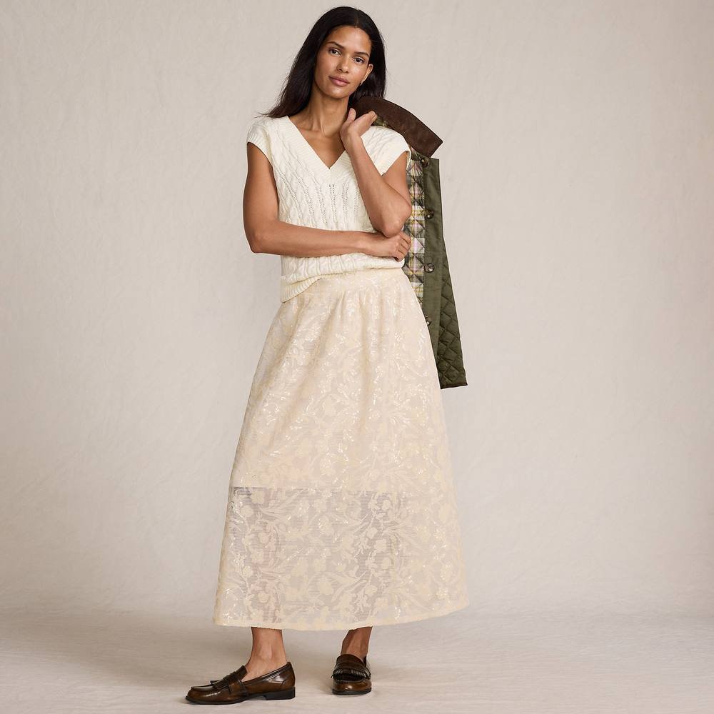 lands end Lands' End Women's Sequin Lace Midi Skirt in Cream - 2