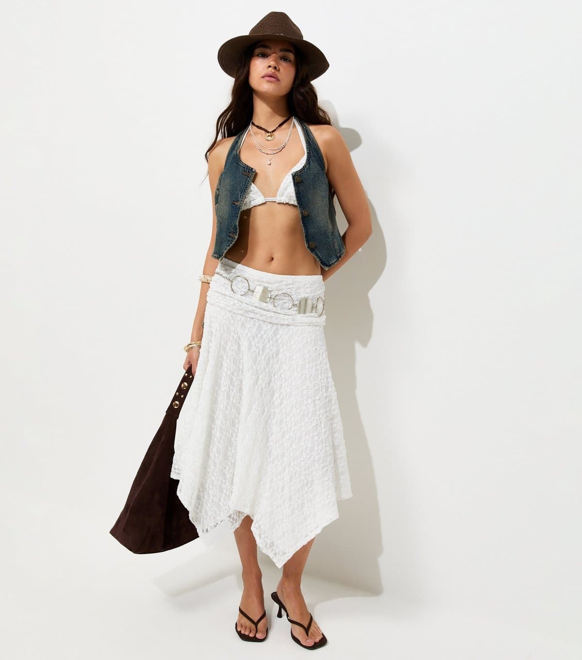 New Look Women's White Lace Folded Waistband Handkerchief Hem Midi Skirt New Look