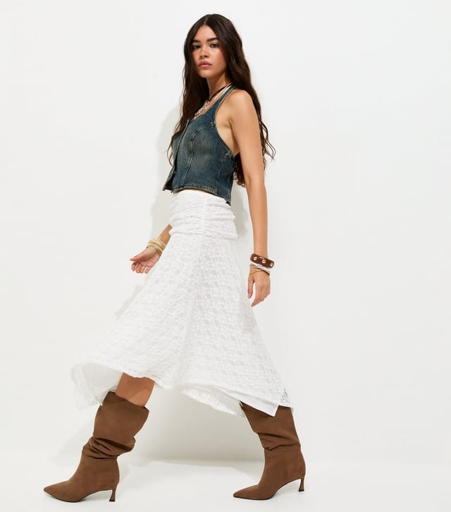 New Look Women's White Lace Folded Waistband Handkerchief Hem Midi Skirt New Look - 3