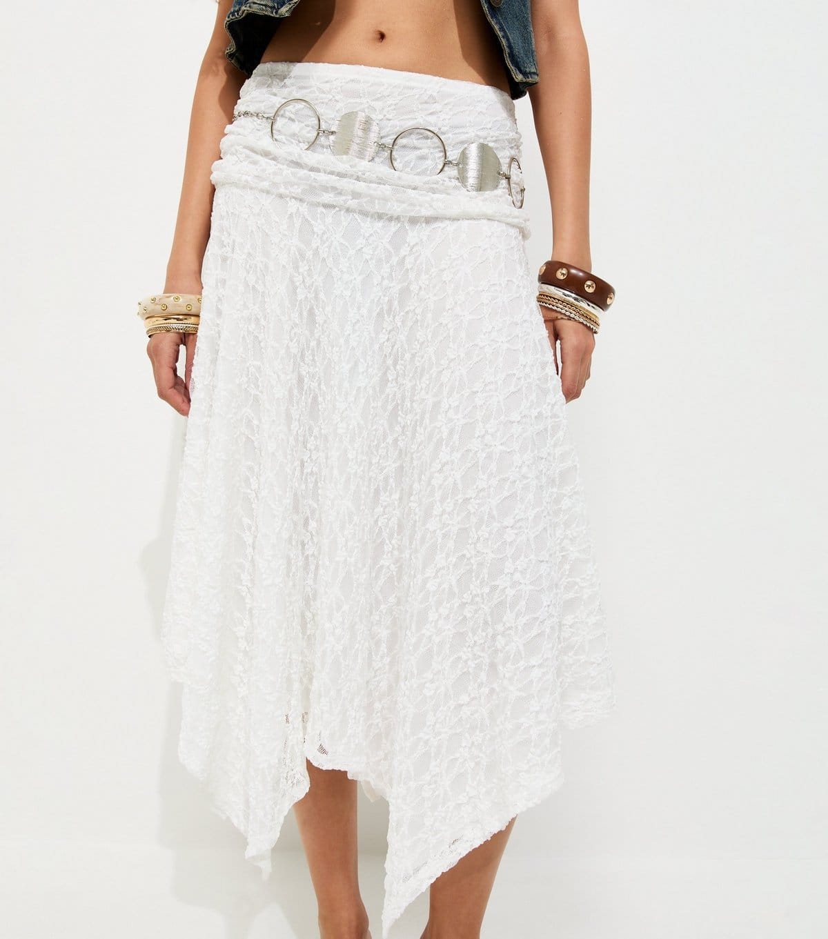 New Look Women's White Lace Folded Waistband Handkerchief Hem Midi Skirt New Look - 4