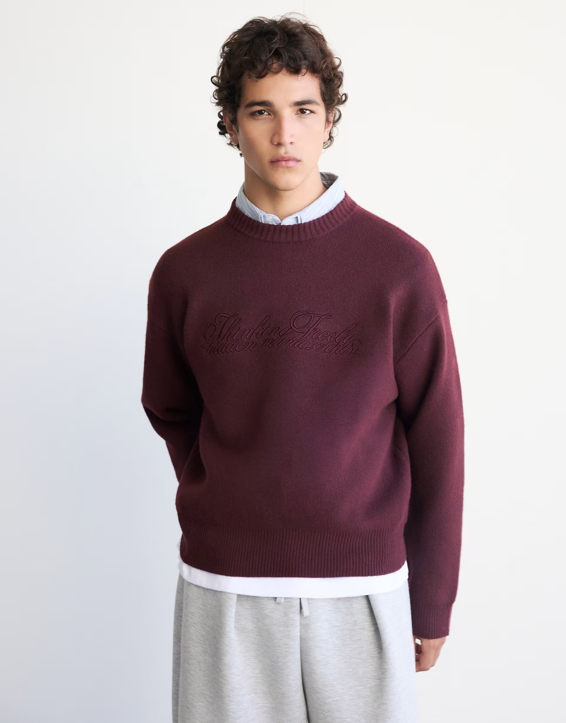 ASOS Pull&Bear Embroidered jumper in burgundy