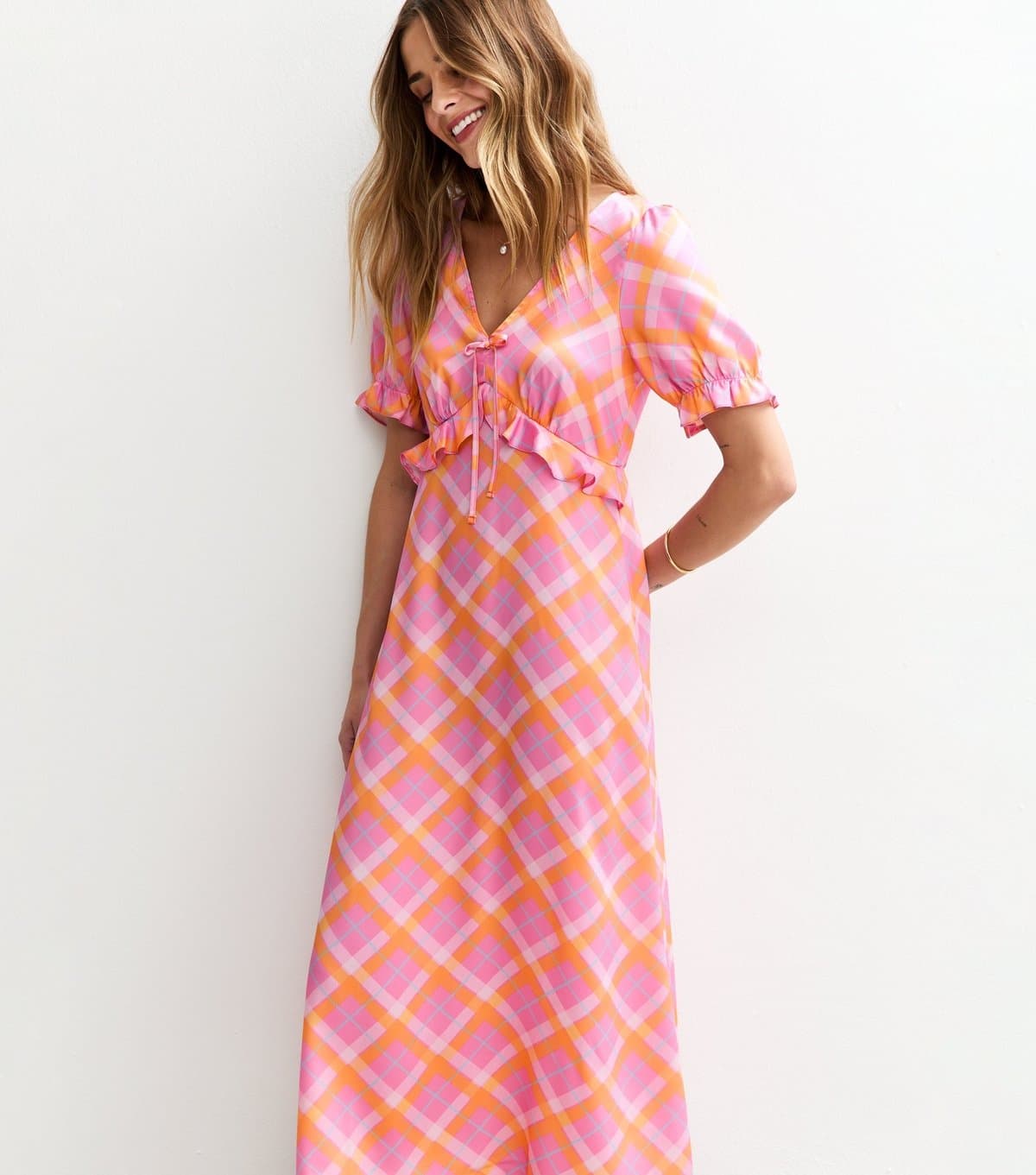 New Look Women's Pink Check Print Ruffle Front Satin Midi Dress New Look
