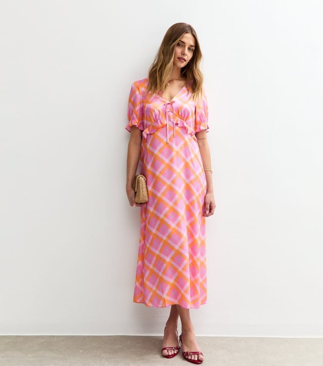 New Look Women's Pink Check Print Ruffle Front Satin Midi Dress New Look - 3