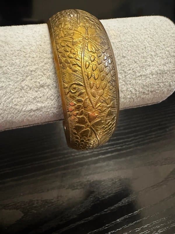Vintage Dressing Vintage Y2K Brass Bangle Bracelet Engraved Floral Repoussé Statement Cuff