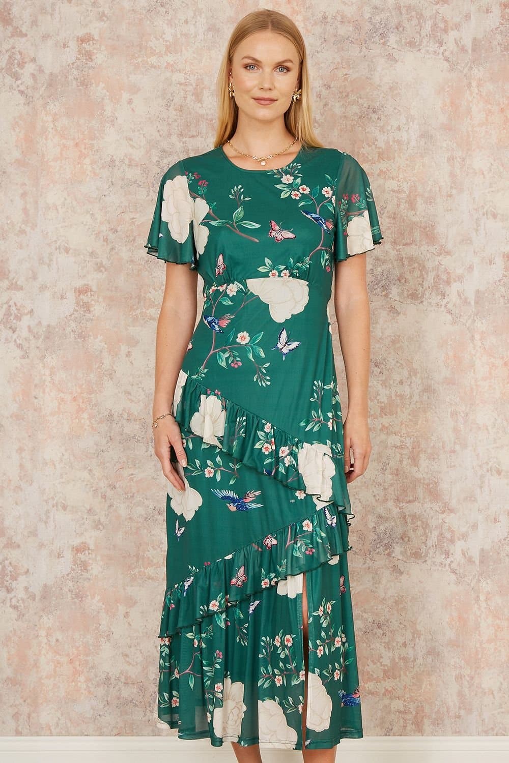 Yumi Yumi Women's Green Mesh Bird & Floral Print Midi Dress With Ruffles