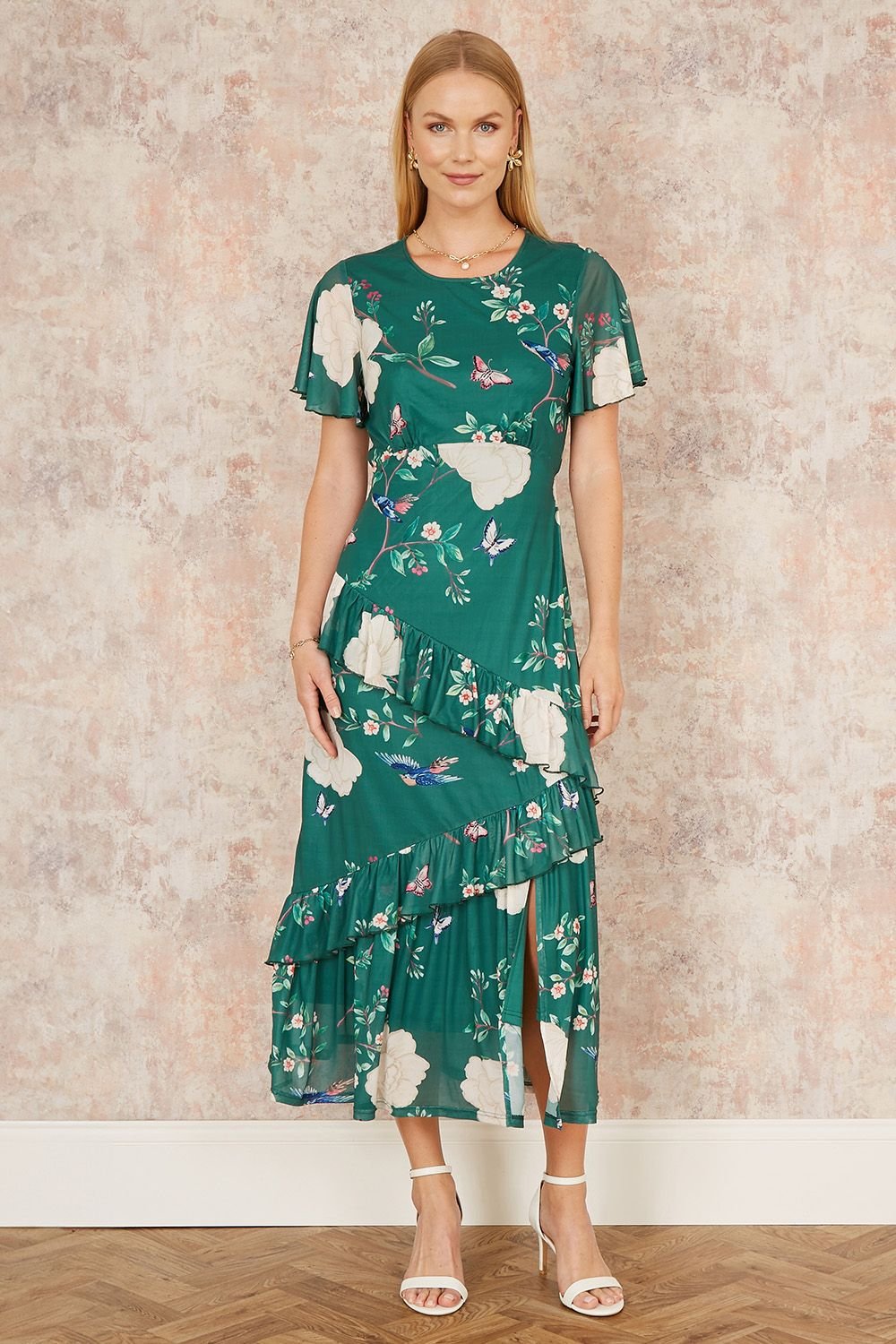 Yumi Yumi Women's Green Mesh Bird & Floral Print Midi Dress With Ruffles - 2