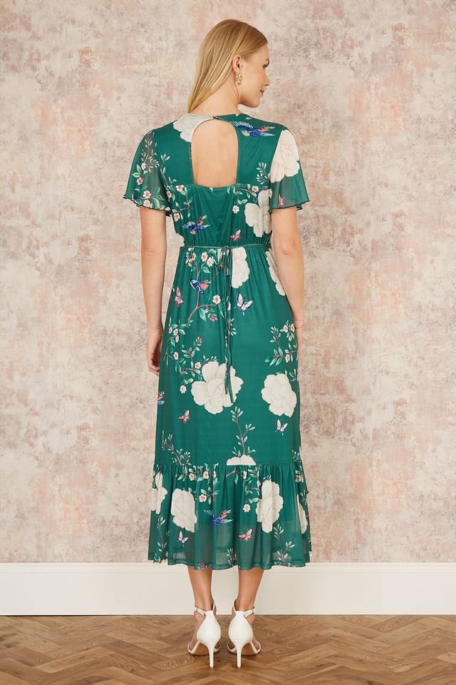 Yumi Yumi Women's Green Mesh Bird & Floral Print Midi Dress With Ruffles - 3