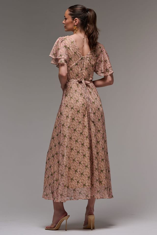 Jolie Moi Jolie Moi Women's Layered Angel Sleeved Chiffon Maxi Dress in Beige - 2