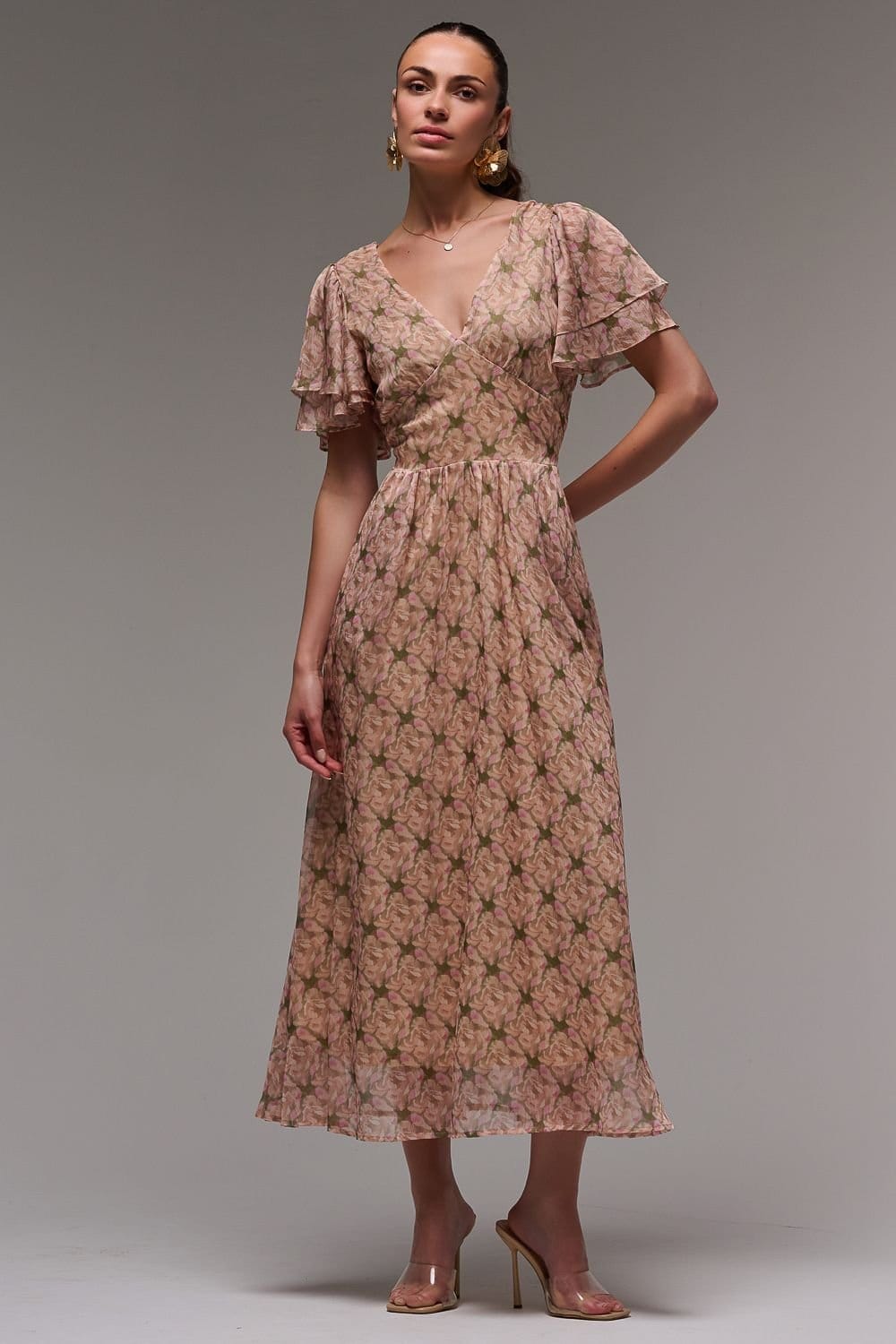 Jolie Moi Jolie Moi Women's Layered Angel Sleeved Chiffon Maxi Dress in Beige - 4