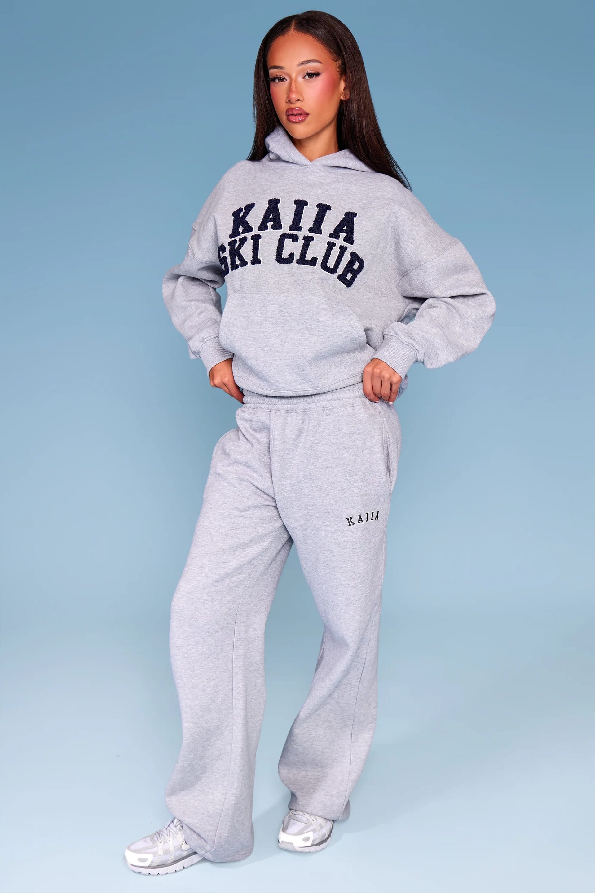 Kaiia Slogan Wide Leg Joggers Mid Grey Marl & Navy