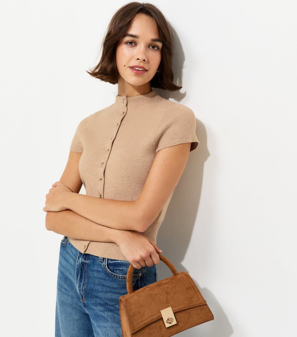 New Look Women's Oatmeal Short Sleeve Knitted Cardigan New Look