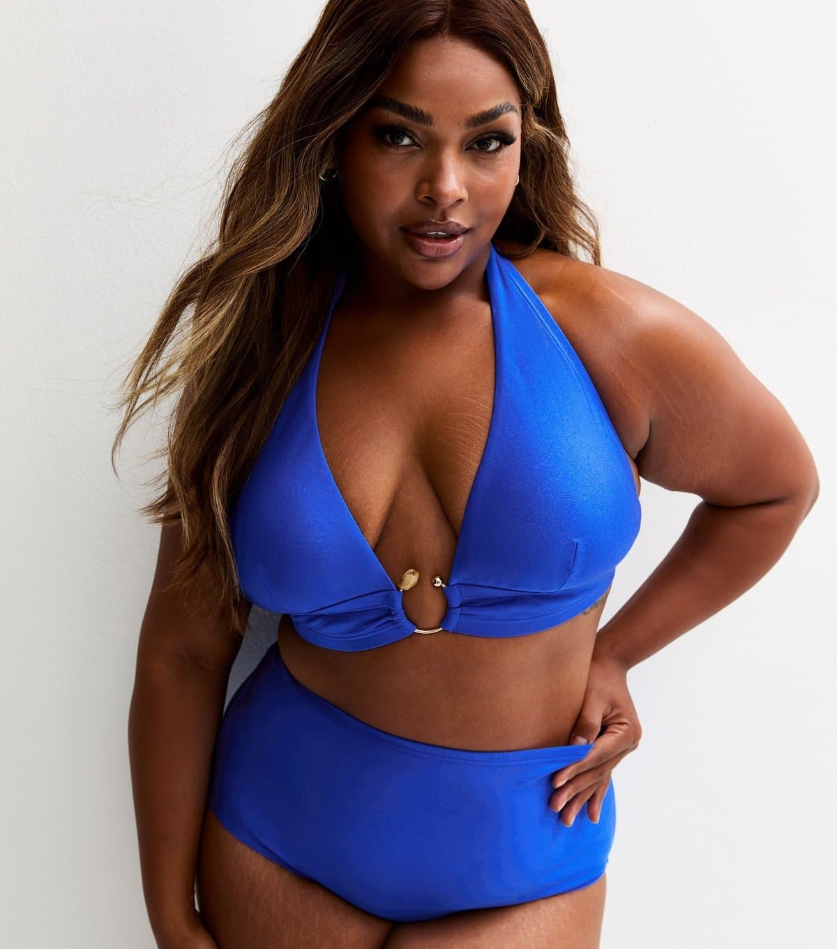 New Look Women's Plus Size Bright Blue Ring Detail Halterneck Bikini Top Curves New Look