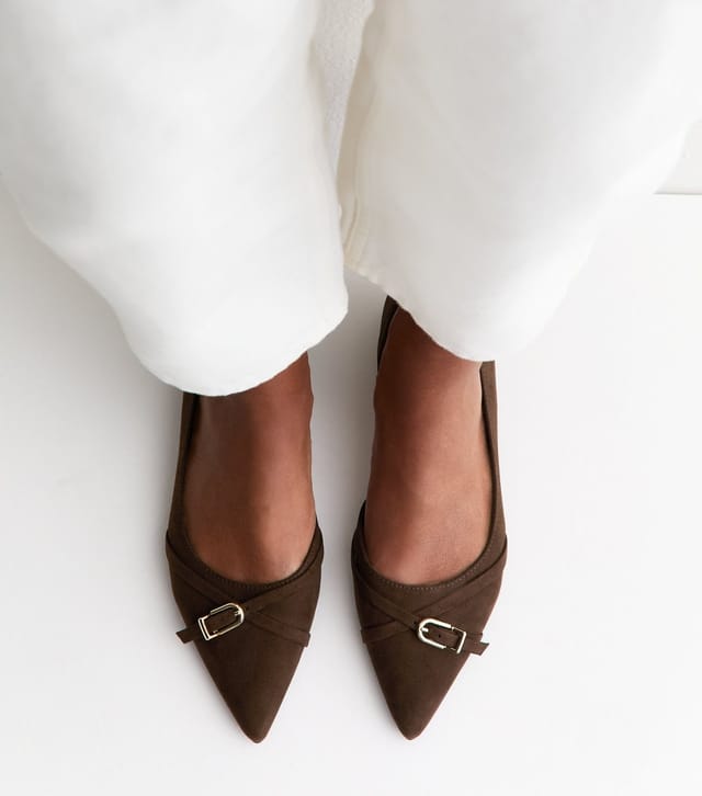 New Look Women's Dark Brown Faux Suede D'Orsay Buckle Pointed Toe Flats Vegan New Look - 2