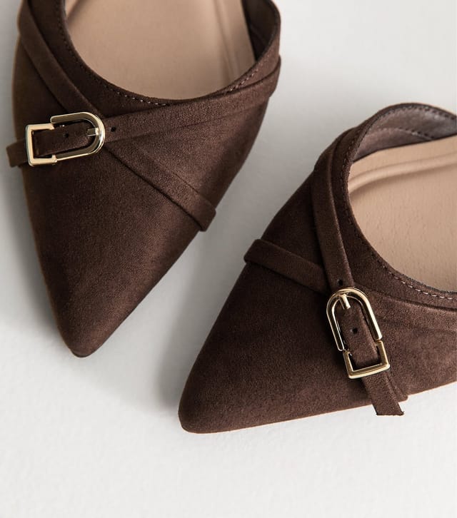 New Look Women's Dark Brown Faux Suede D'Orsay Buckle Pointed Toe Flats Vegan New Look - 3
