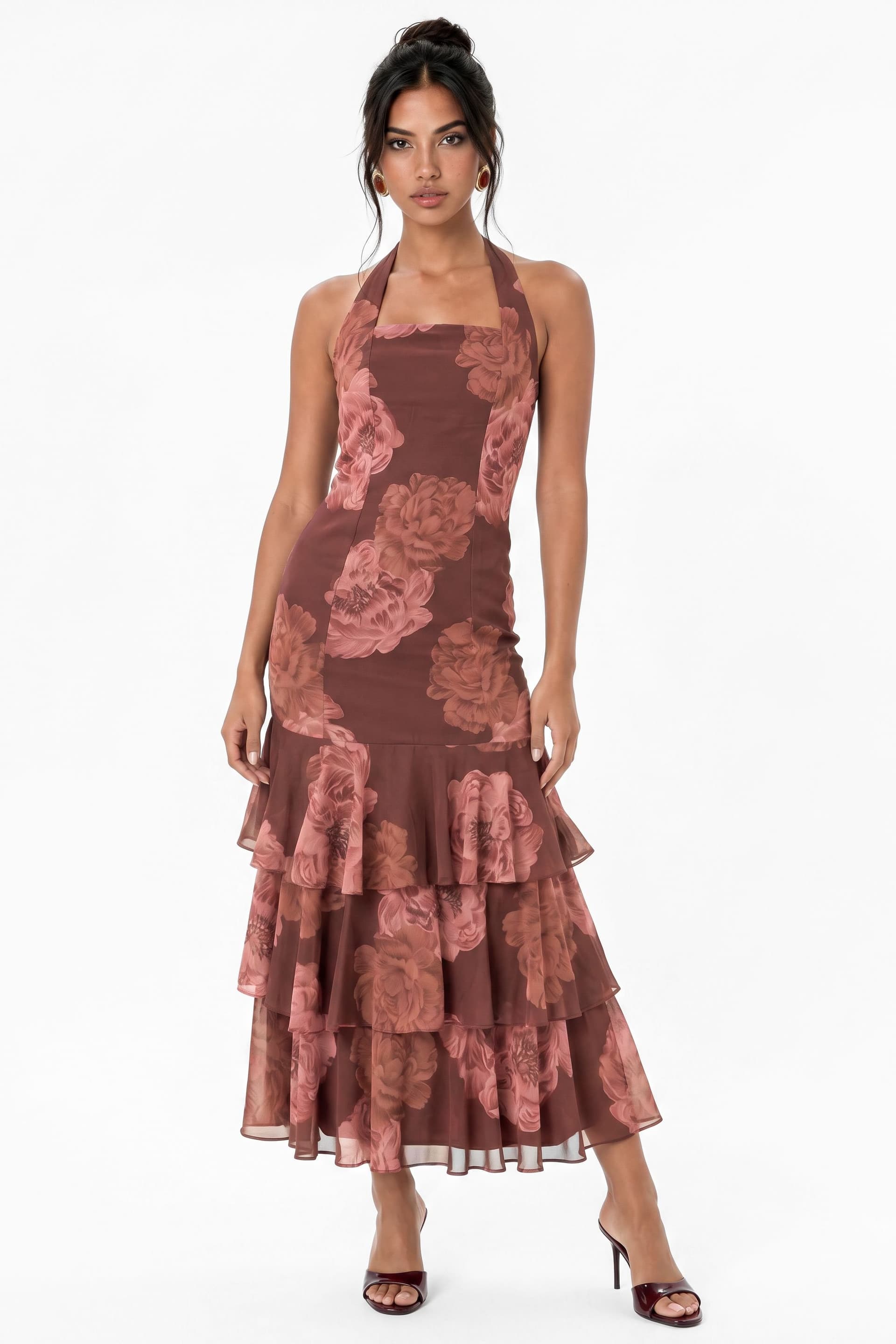 Anaya with Love Anaya with Love Women's Floral Print Halter Neck Tiered Midaxi Dress