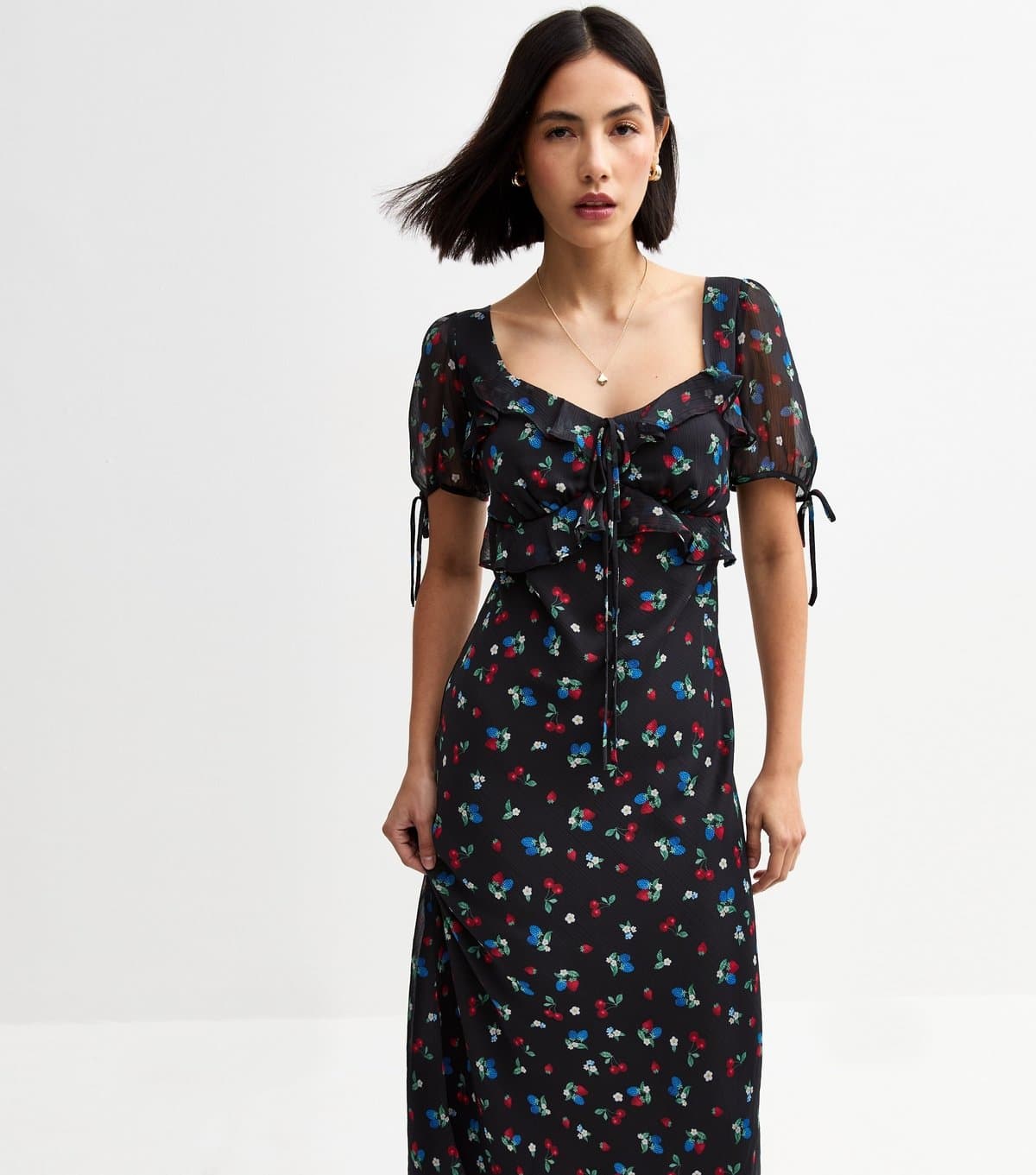 New Look Women's Black Berry Print Chiffon Tie Trim Midi Dress New Look