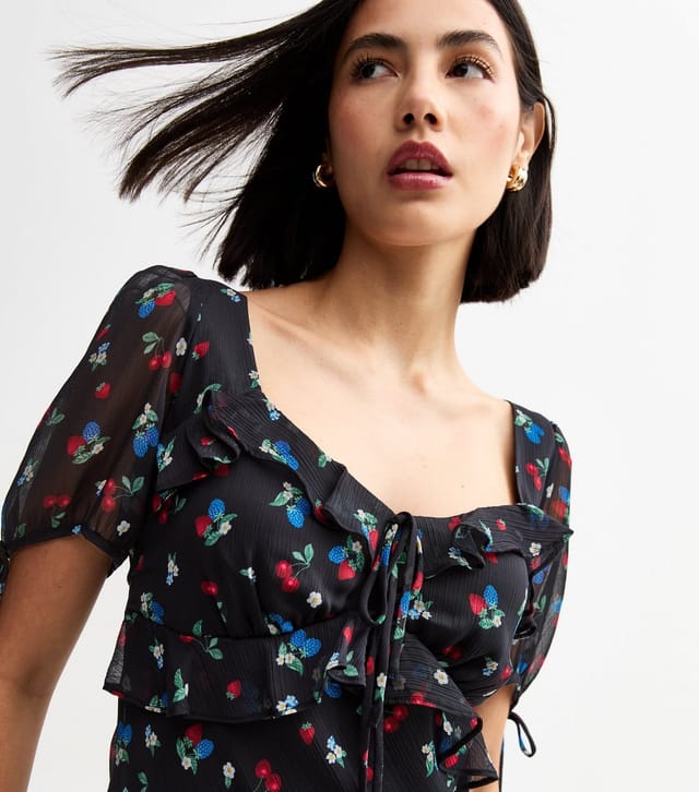 New Look Women's Black Berry Print Chiffon Tie Trim Midi Dress New Look - 3