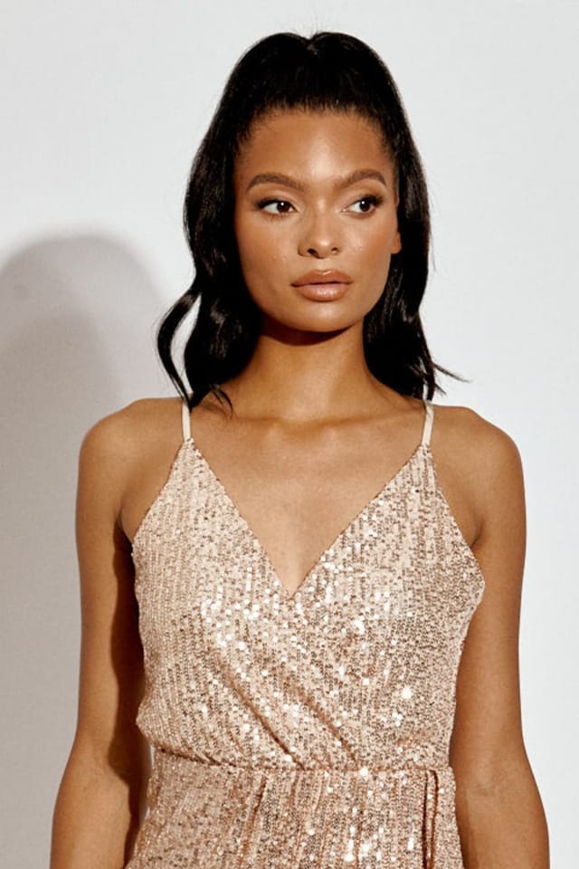 STYLEWISE STYLEWISE Women's Sequinned Wrap Front - Bodycon Fit - Cami Mini Dress in Gold - 2