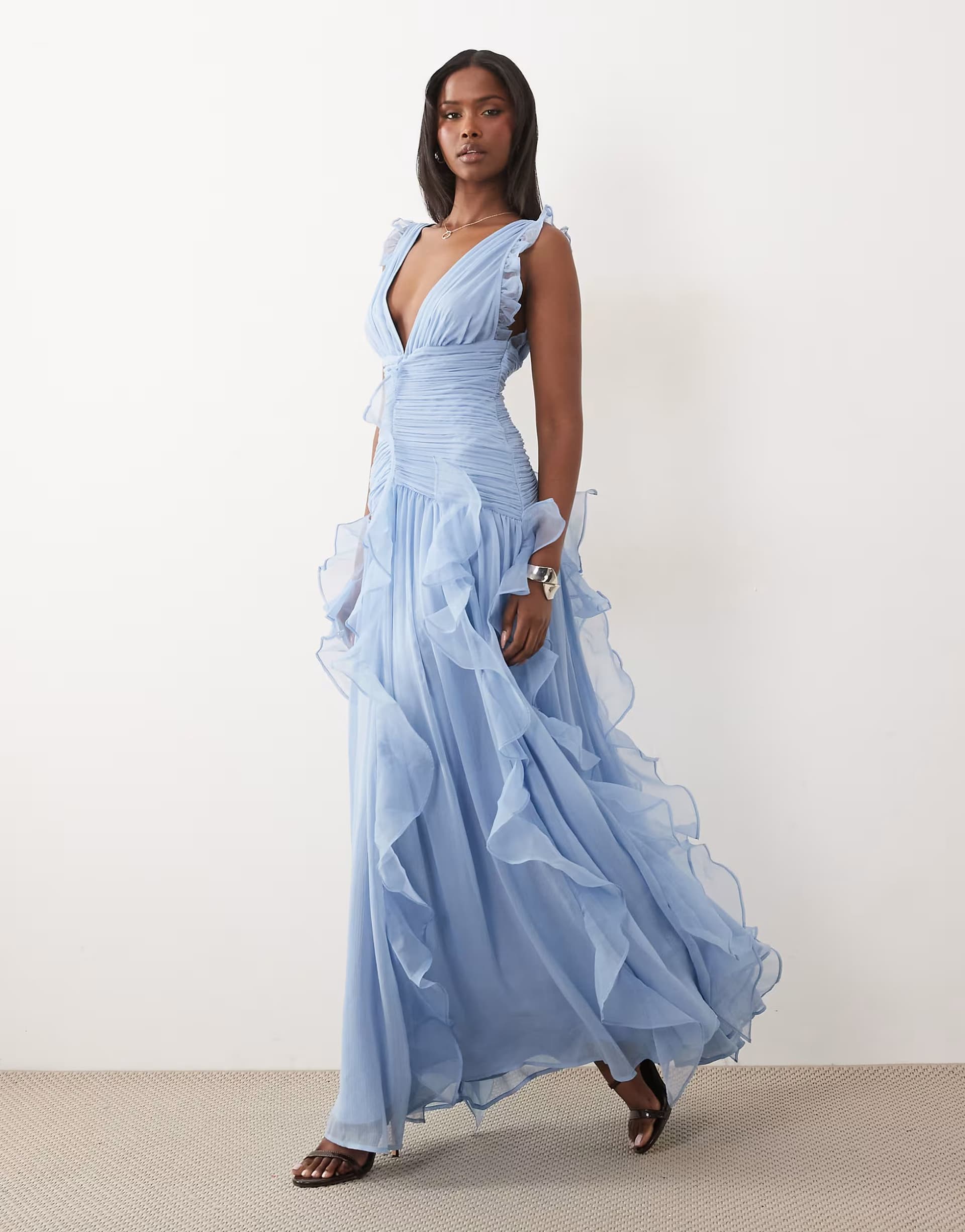 ASOS ASOS LUXE ruched maxi dress with waterfall detail in dusky blue