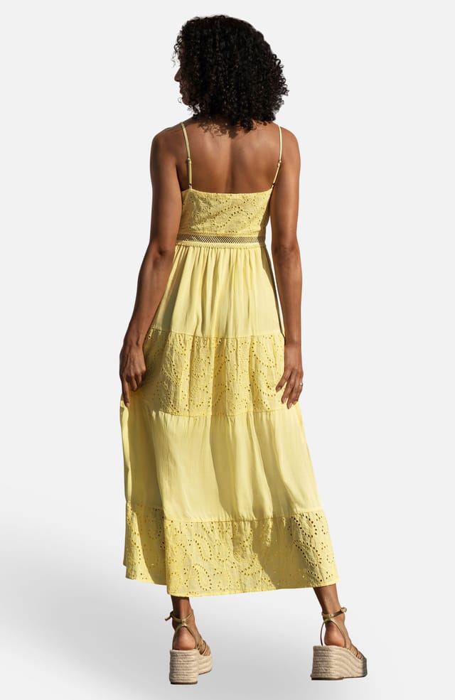 Yumi Yumi Women's Butter Yellow Cotton Lace Trim Midi Dress in Lemon - 2