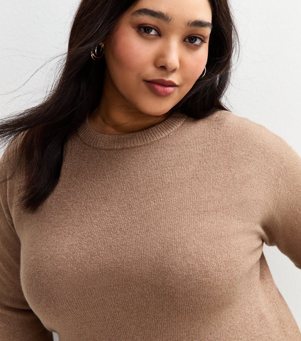 New Look Women's Plus Size Brown Crew Neck Split Hem Jumper Curves New Look
