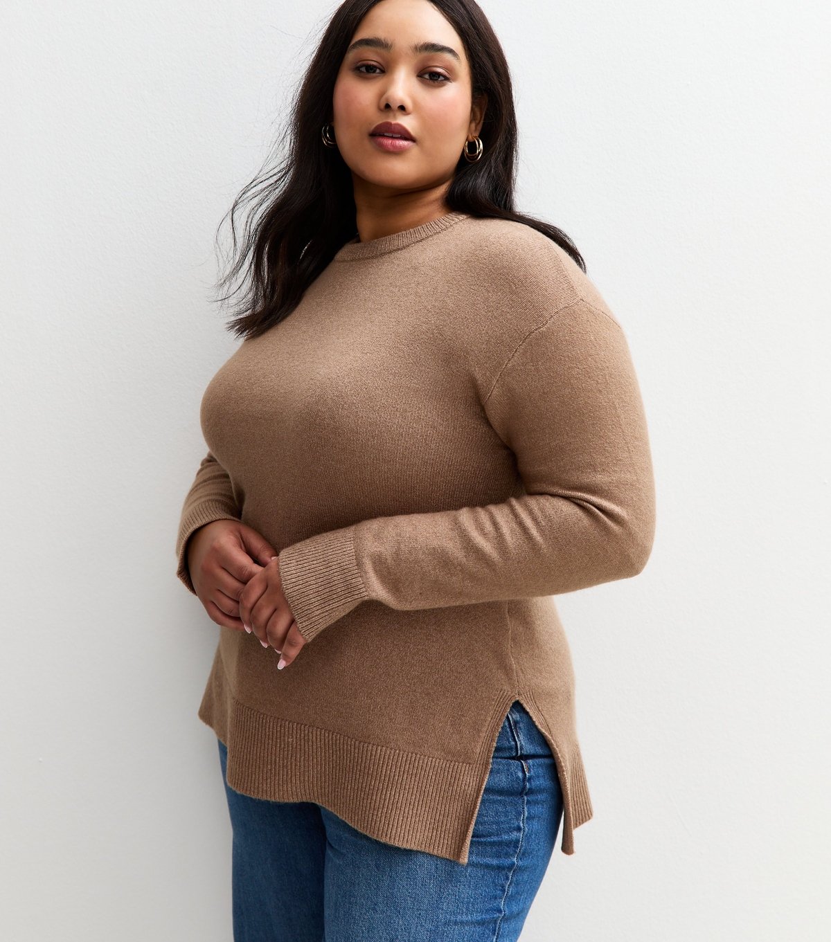 New Look Women's Plus Size Brown Crew Neck Split Hem Jumper Curves New Look - 2