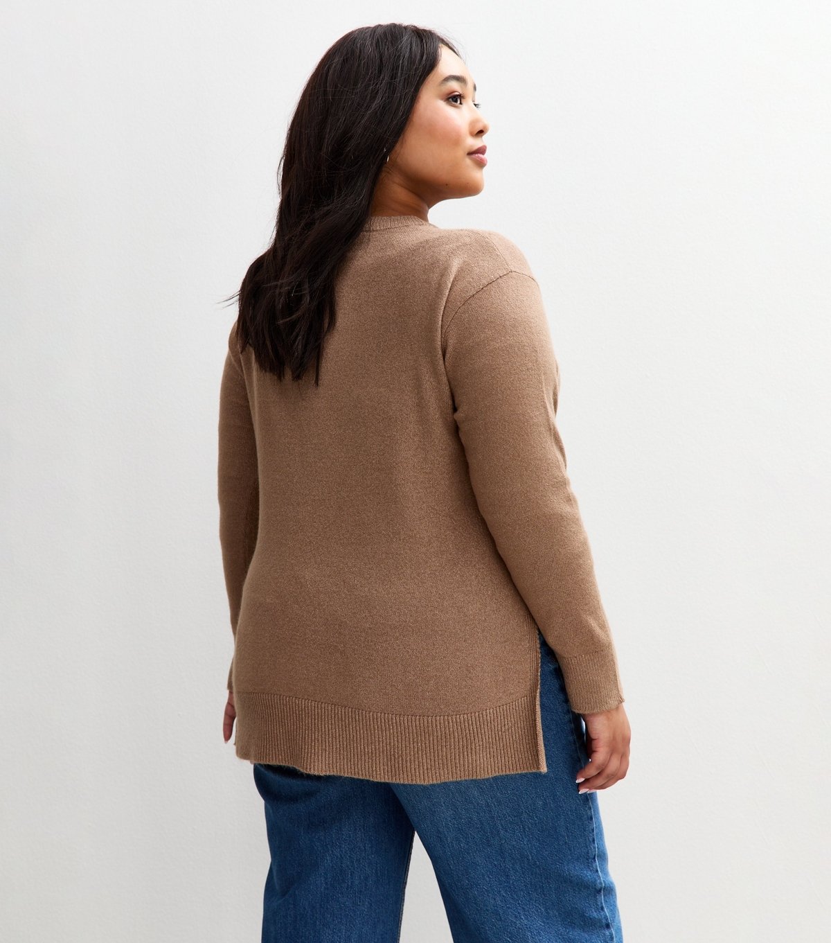 New Look Women's Plus Size Brown Crew Neck Split Hem Jumper Curves New Look - 4