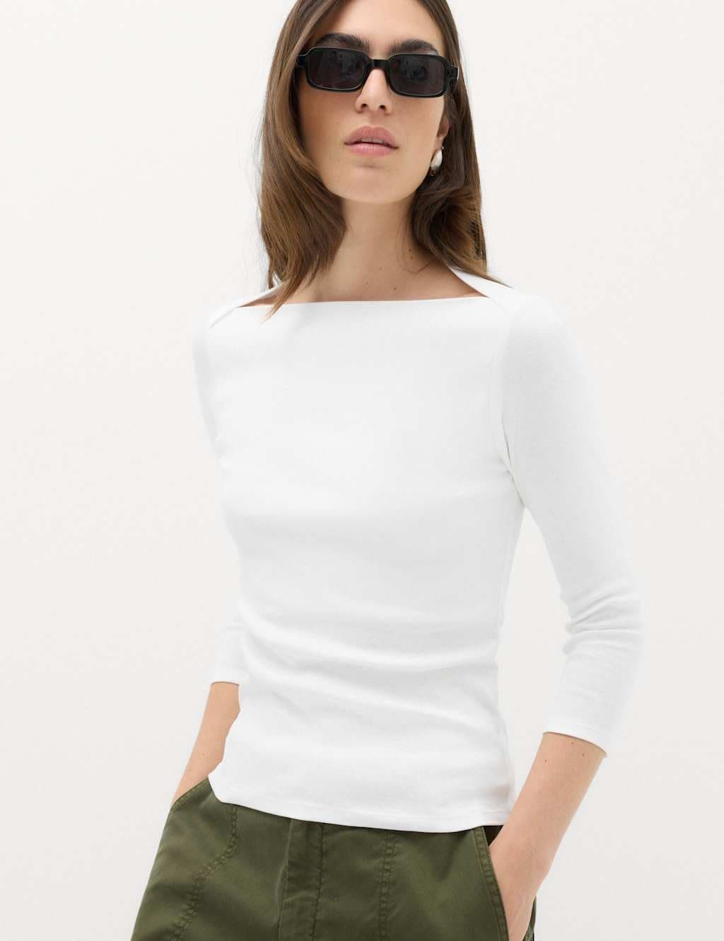 Marks & Spencer M&S Pure Cotton Slash Neck Top Soft White