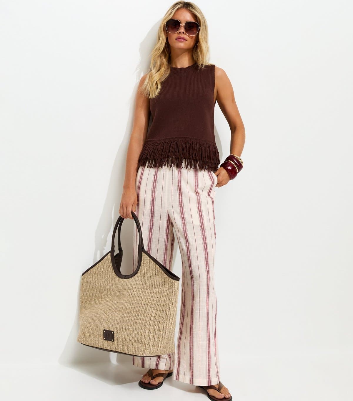 New Look Women's Petite Rust Striped Woven Wide Leg Trousers New Look