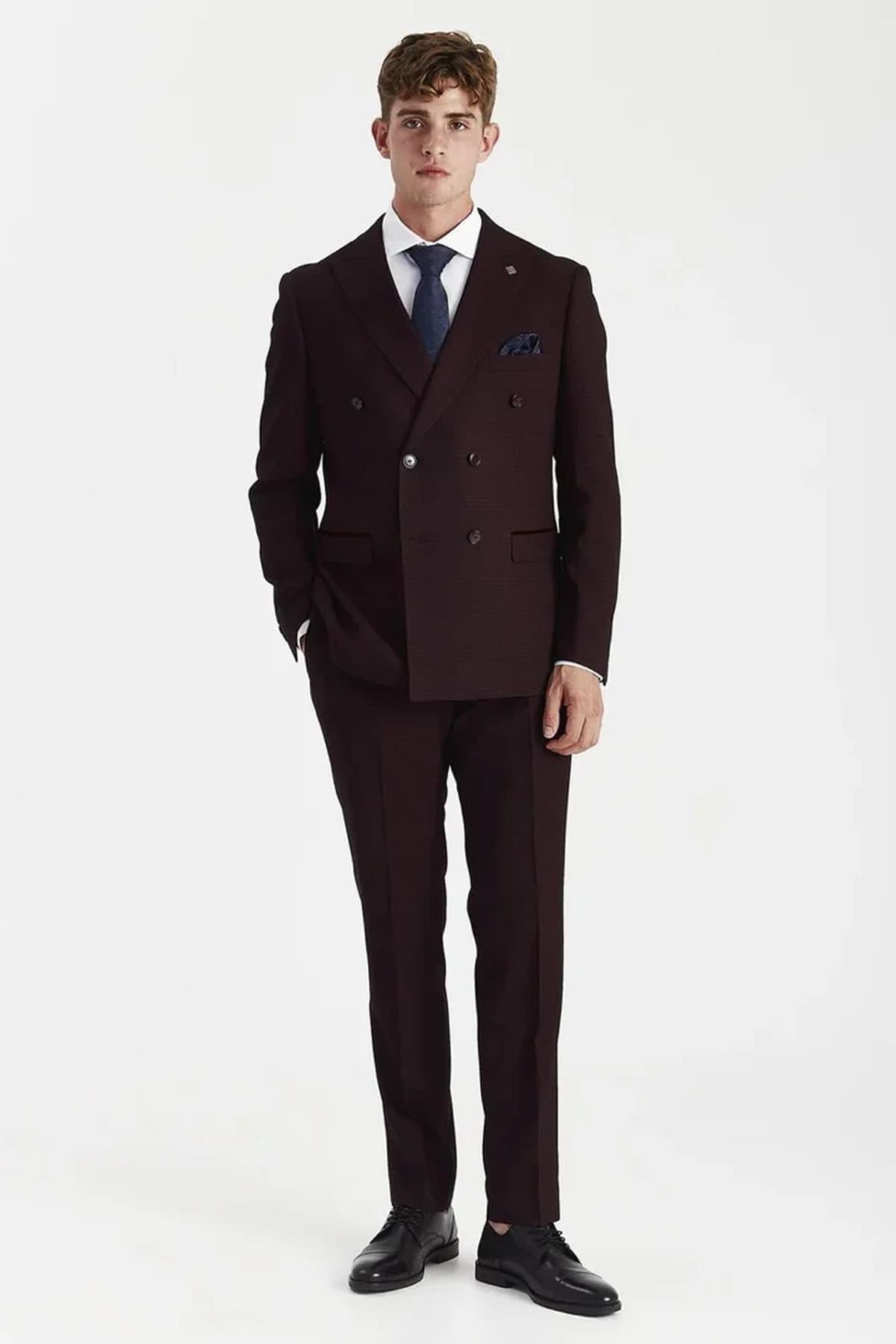 Paul Andrew Paul Andrew Men's 2 Piece Suit Prince Of Wales Checked Double Breasted in Wine