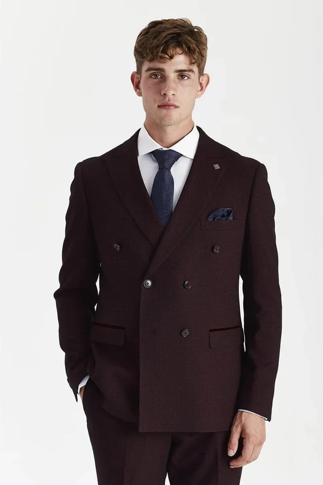 Paul Andrew Paul Andrew Men's 2 Piece Suit Prince Of Wales Checked Double Breasted in Wine - 2