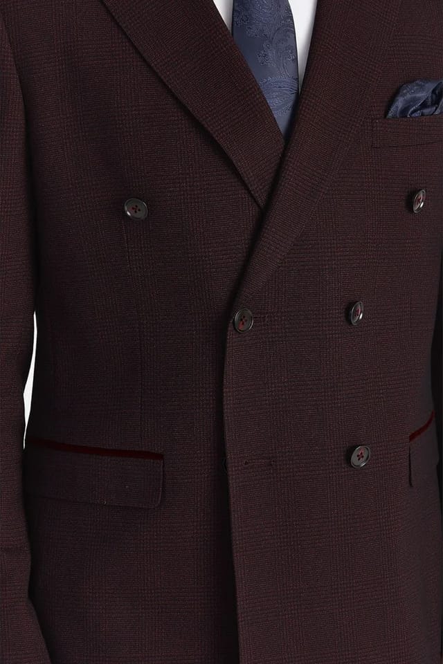 Paul Andrew Paul Andrew Men's 2 Piece Suit Prince Of Wales Checked Double Breasted in Wine - 3