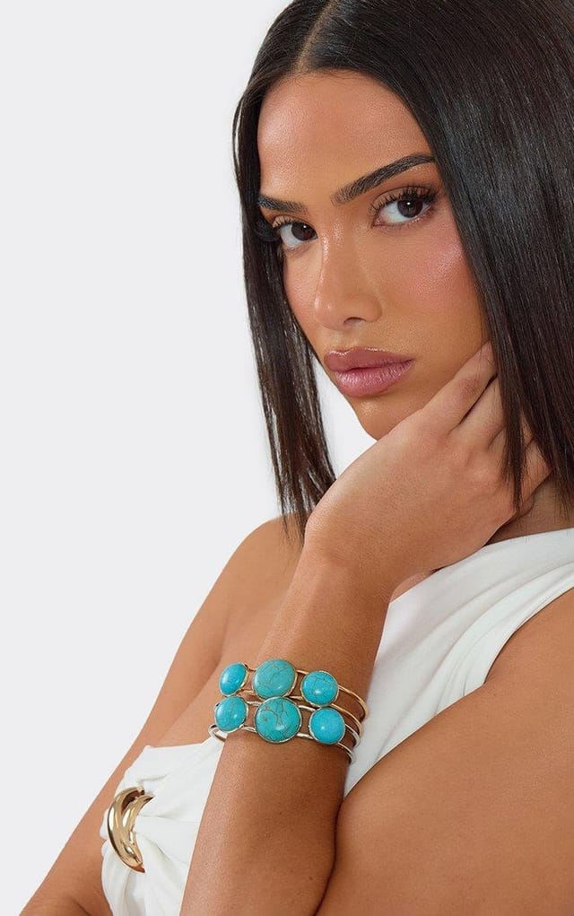 EGO Blue Stone Detail Bangle Bracelet In Silver And Gold, Women's Size UK 0 - 2