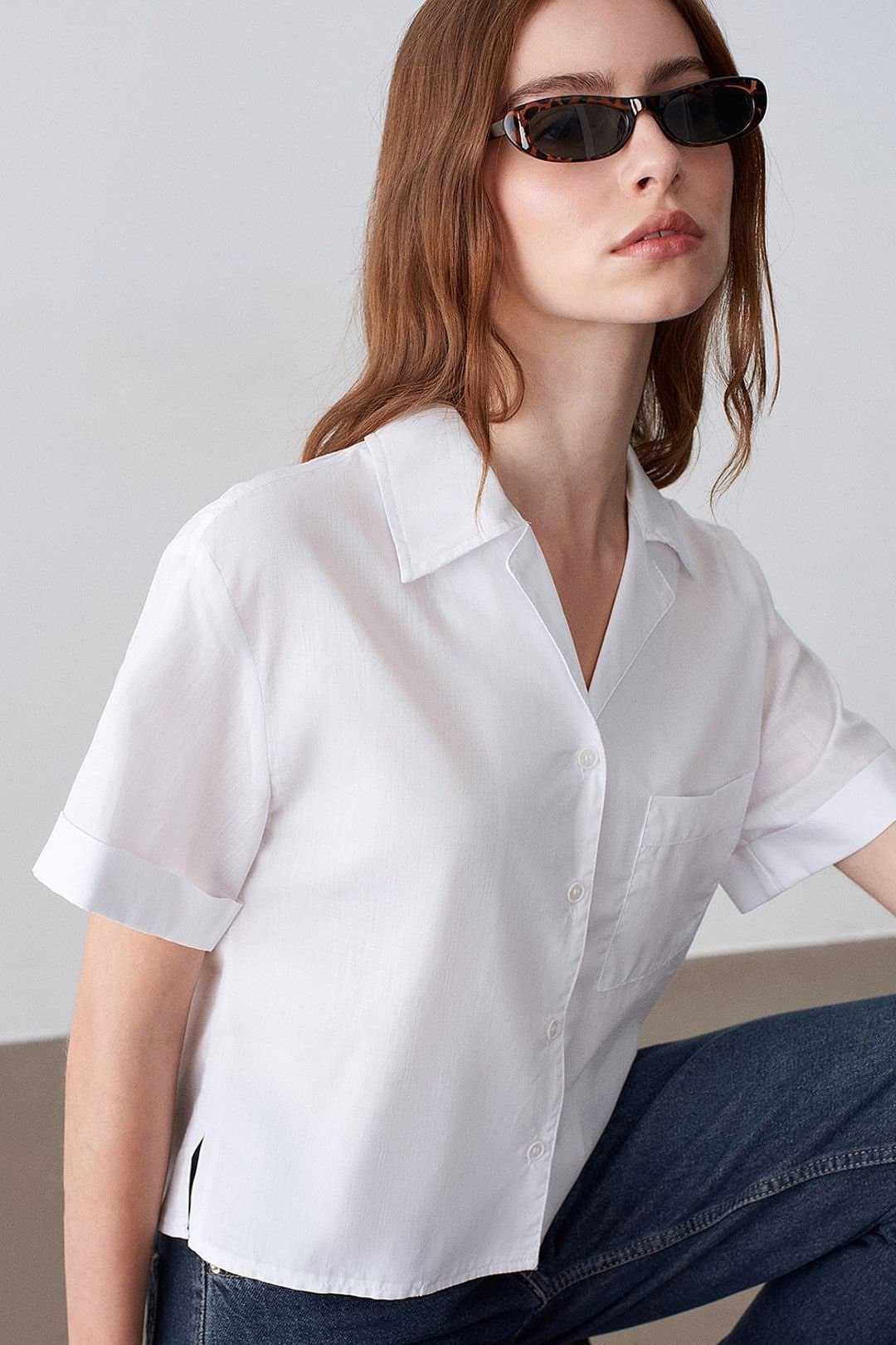 Dilvin Dilvin Women's Cotton Poplin Crop Shirt in White