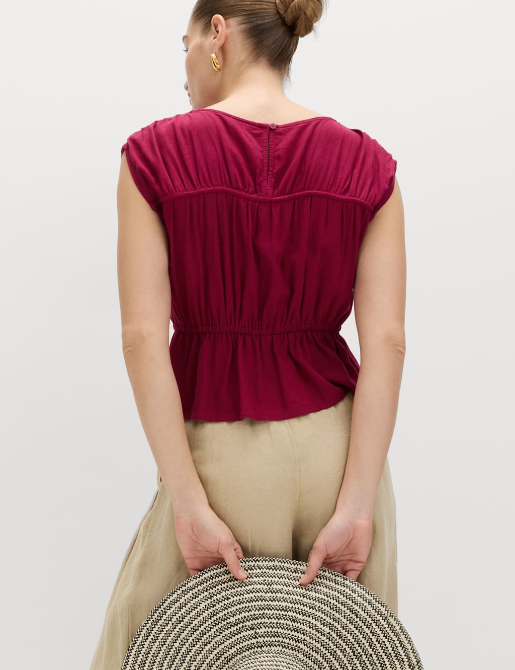 Marks & Spencer M&S Ruched Scoop Neck Regular Fit Top with Linen Raspberry - 3