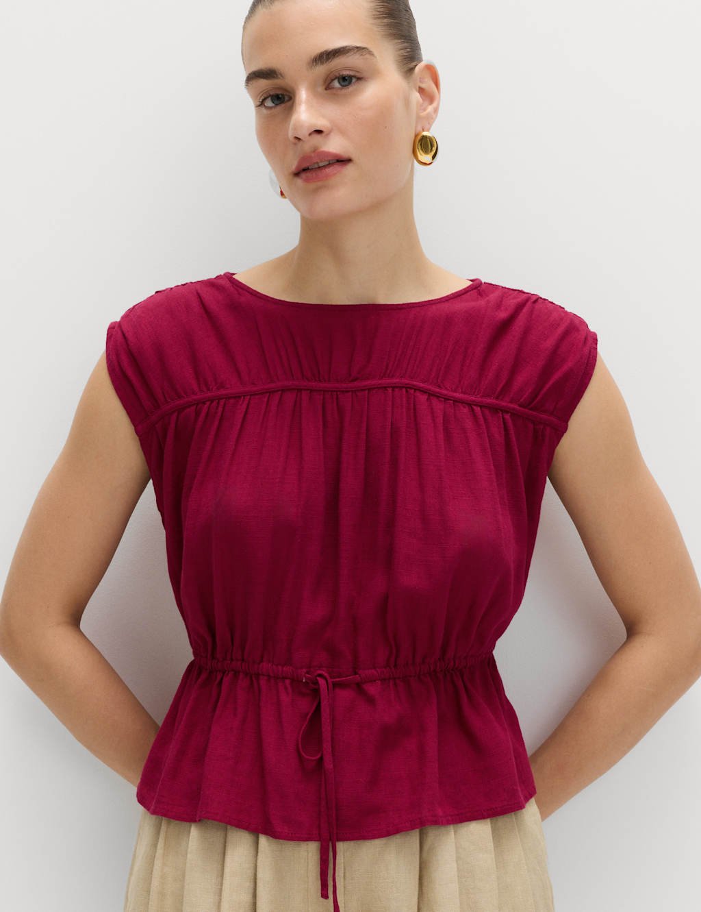 Marks & Spencer M&S Ruched Scoop Neck Regular Fit Top with Linen Raspberry - 4