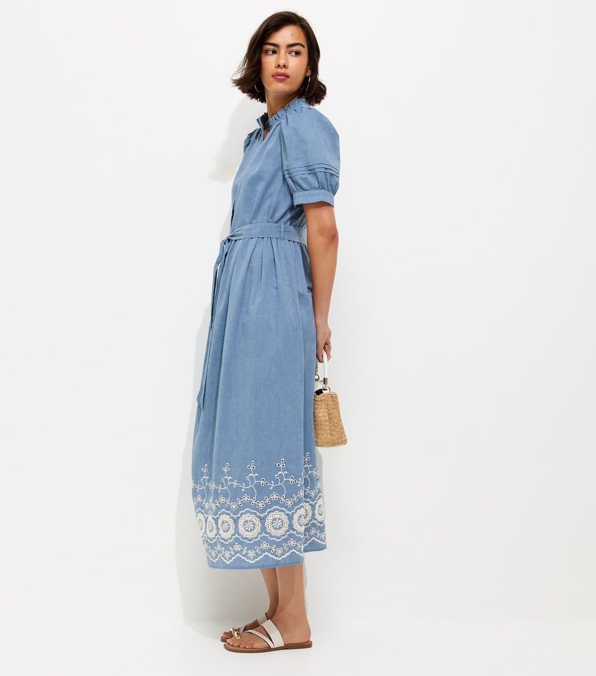 New Look Women's Light Blue Cotton Chambray Grandad Neck Broderie Midi Dress New Look