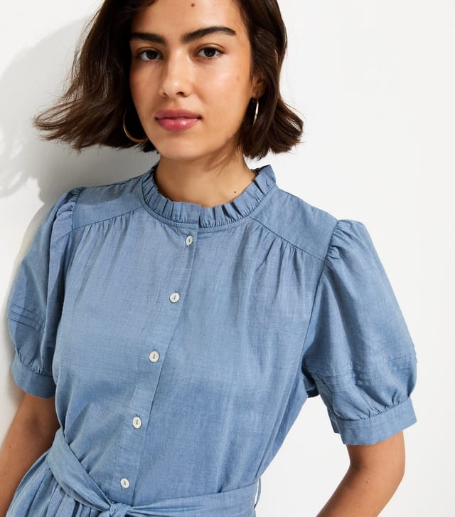 New Look Women's Light Blue Cotton Chambray Grandad Neck Broderie Midi Dress New Look - 2
