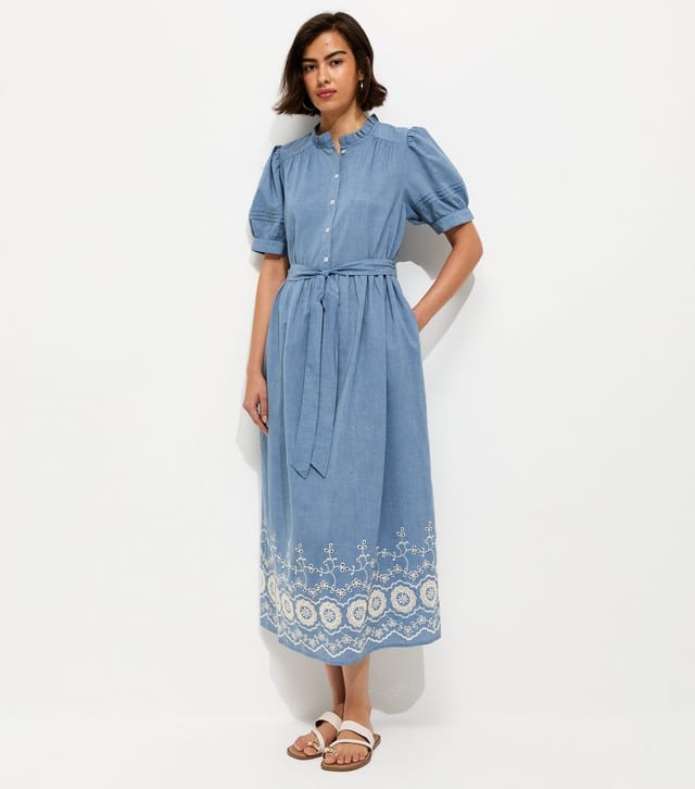 New Look Women's Light Blue Cotton Chambray Grandad Neck Broderie Midi Dress New Look - 3