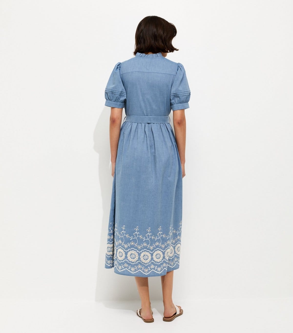 New Look Women's Light Blue Cotton Chambray Grandad Neck Broderie Midi Dress New Look - 4