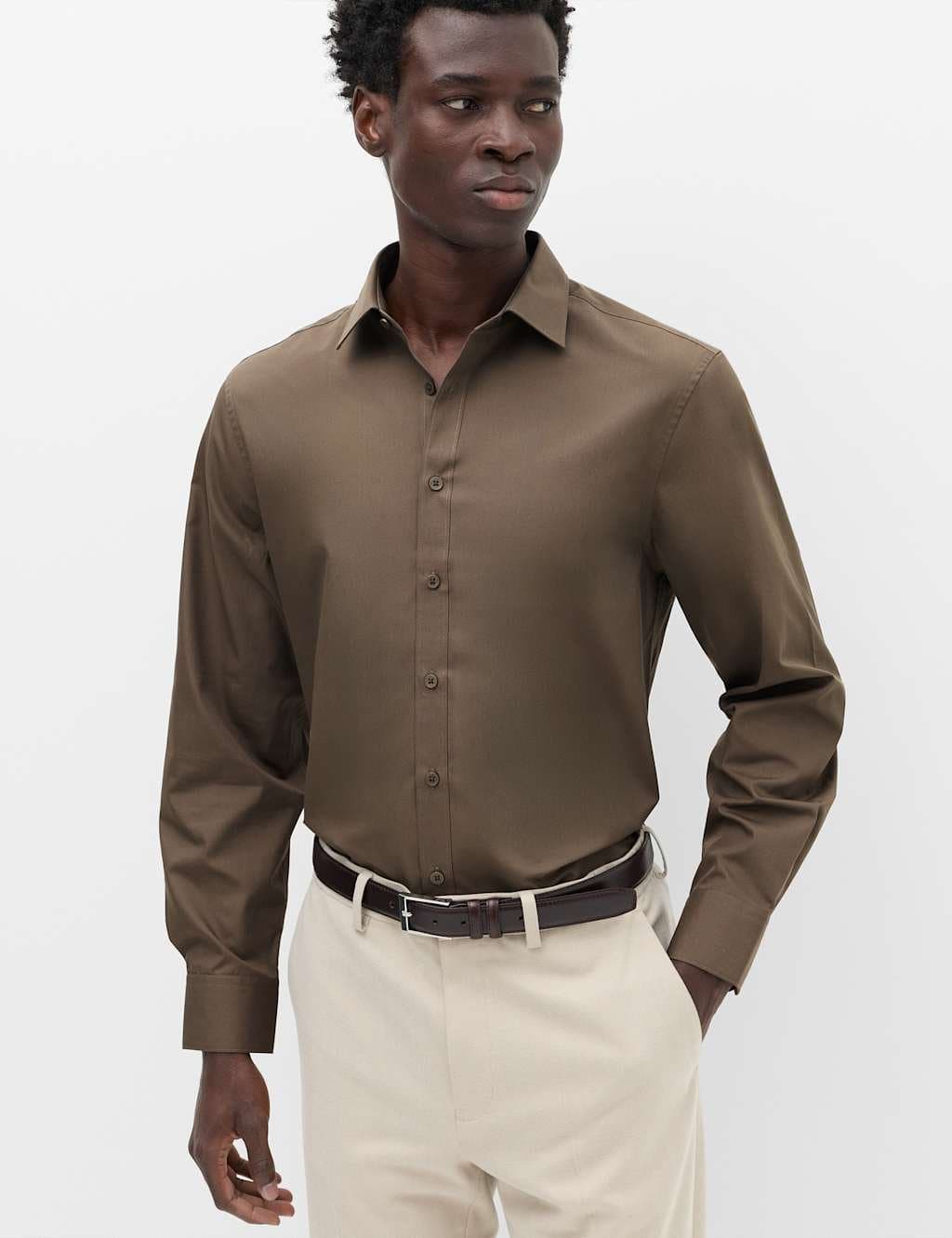 Marks & Spencer M&S Regular Fit Easy Iron Cotton Blend Shirt Mole