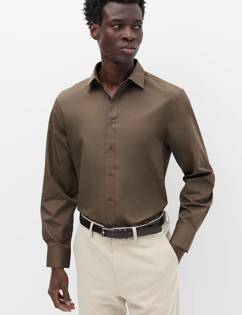 Marks & Spencer M&S Regular Fit Easy Iron Cotton Blend Shirt Mole - 1