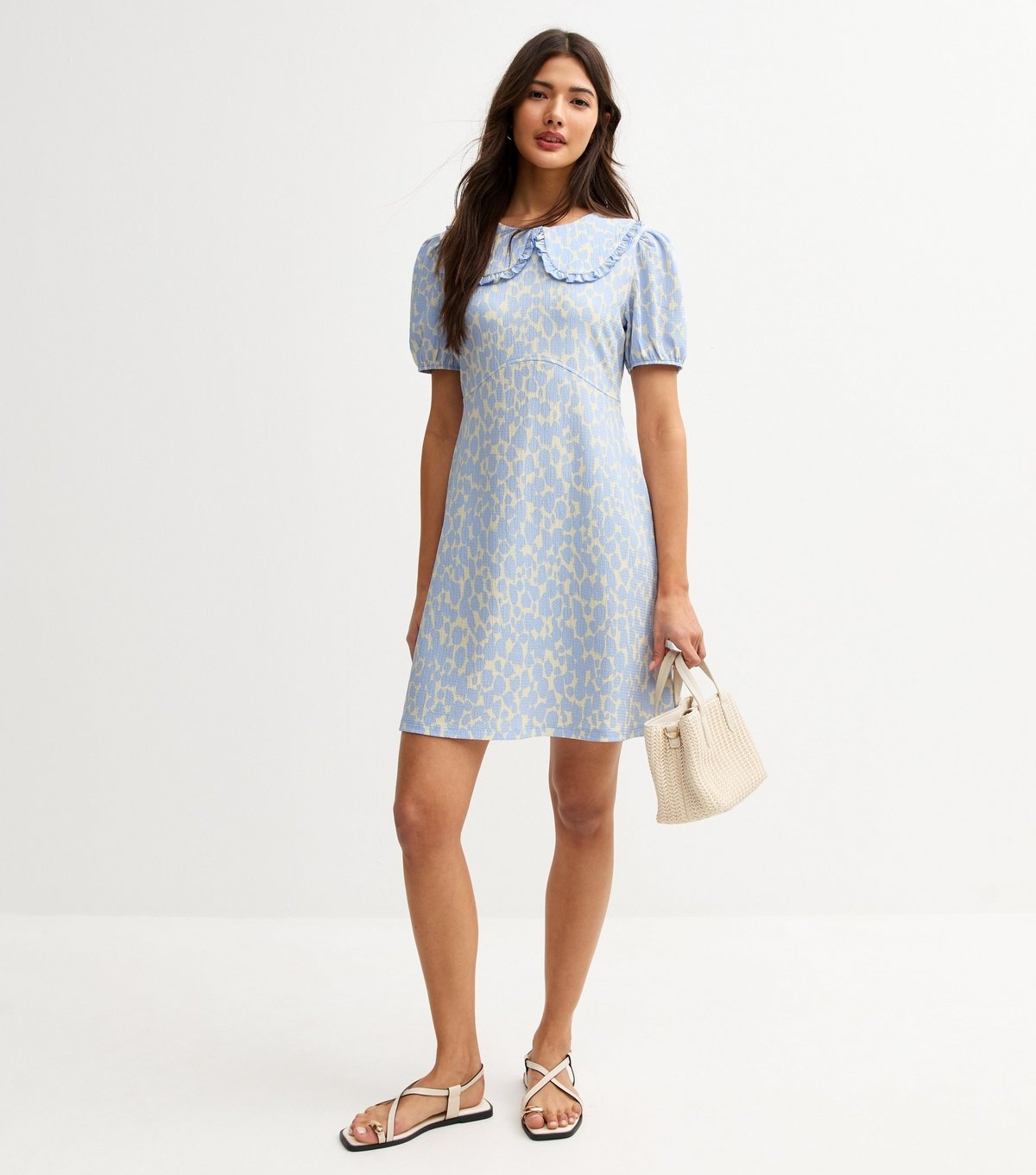 New Look Women's Blue Leopard Print Crinkle Texture Frill Collar Mini Dress New Look - 3