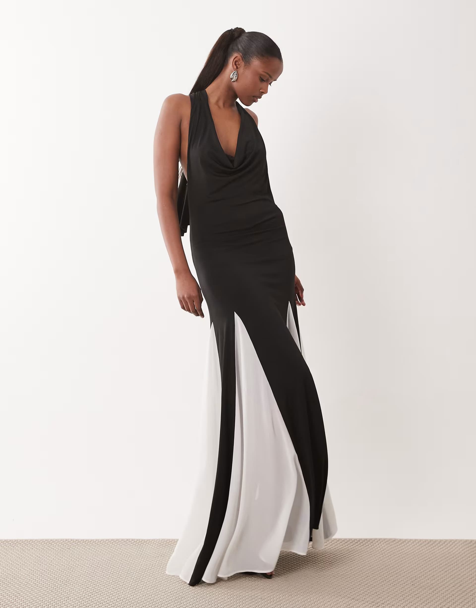 ASOS TFNC halter neck chiffon contrast godet skirt maxi dress in monochrome 